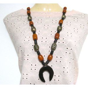 Vintage Butterscotch Bakelite Brass Heishi Bead Wood Necklace